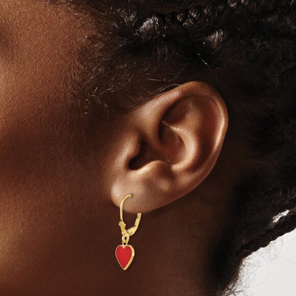 14k Yellow Gold Red Enamel Heart Leverback Dangle Drop Earrings, 26mm x 9mm - Picture 4 of 4